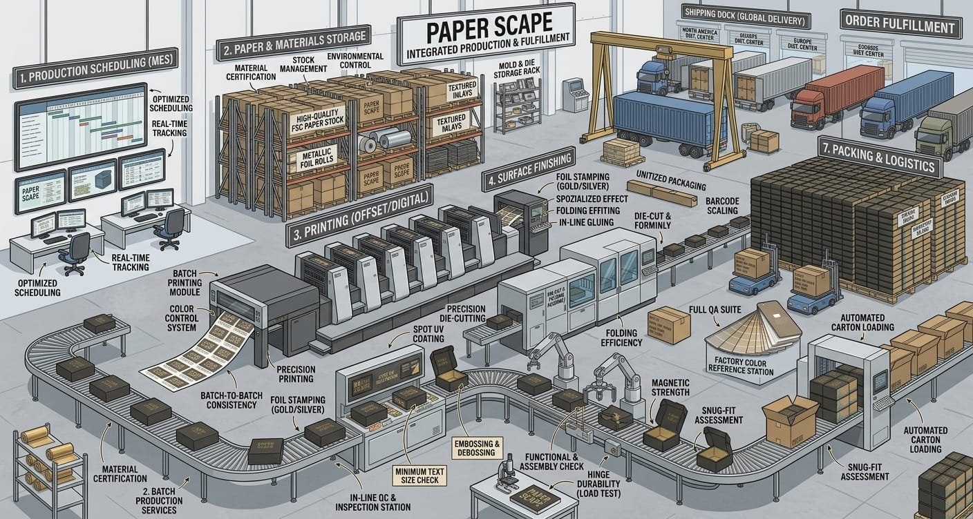Custom paper packaging mass production services including printing, assembly and quality inspection