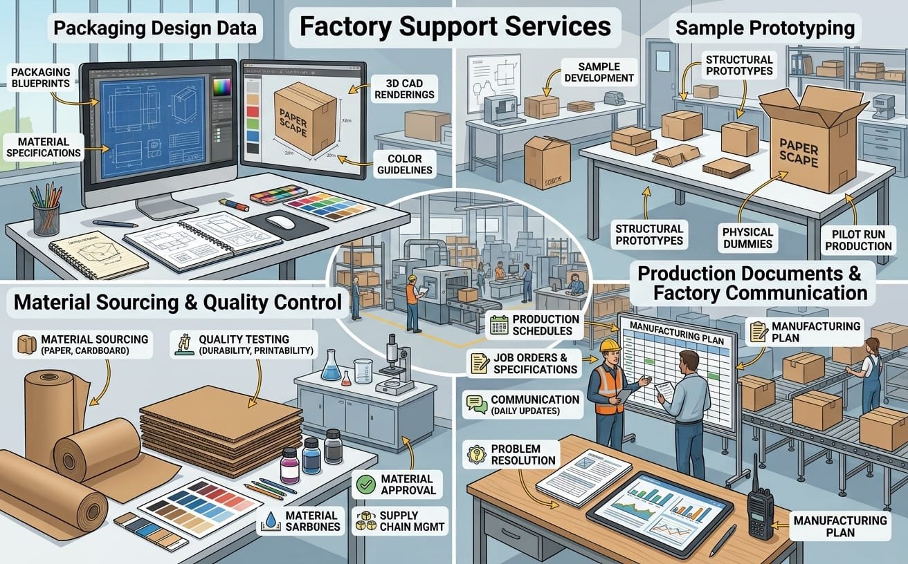Factory packaging support connecting packaging design, prototypes and production