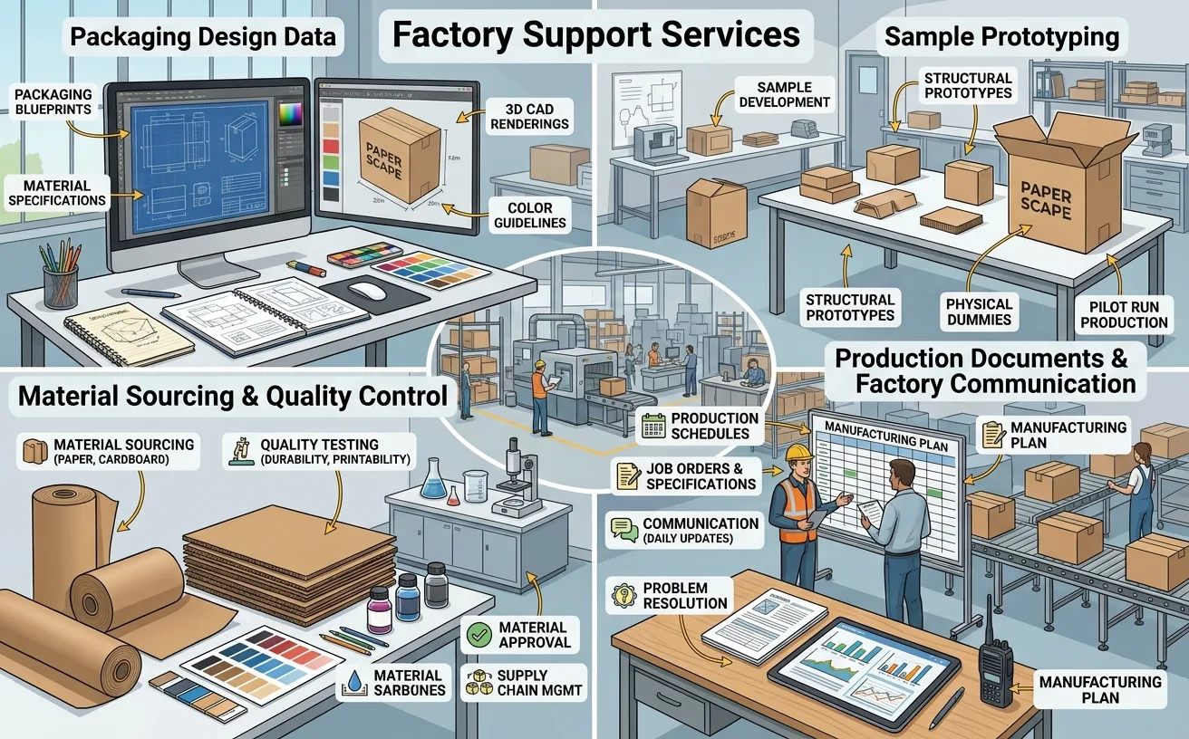 Factory packaging support connecting packaging design, prototypes and production