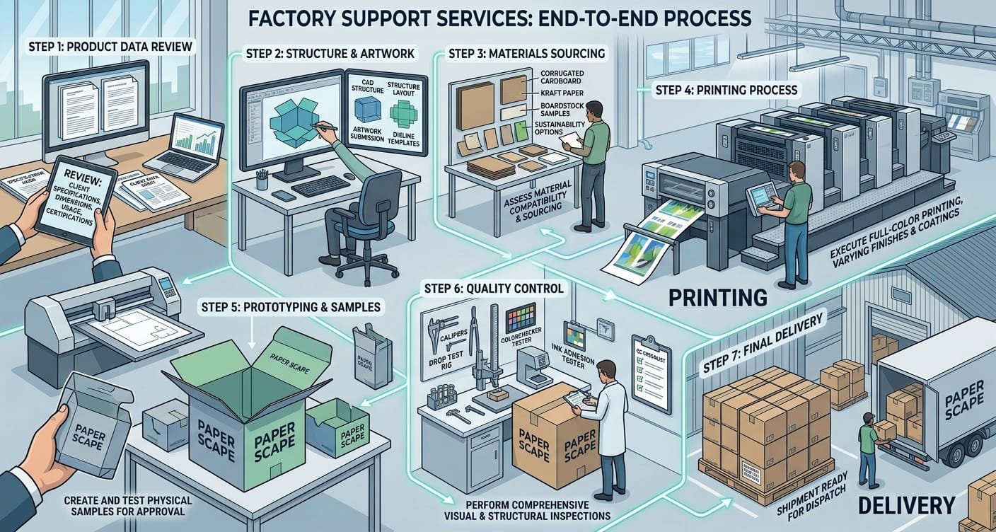 Factory packaging support services including materials, printing, sampling and delivery