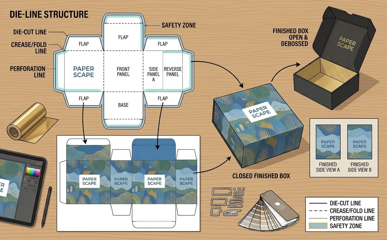 Artwork and dieline alignment for custom paper packaging