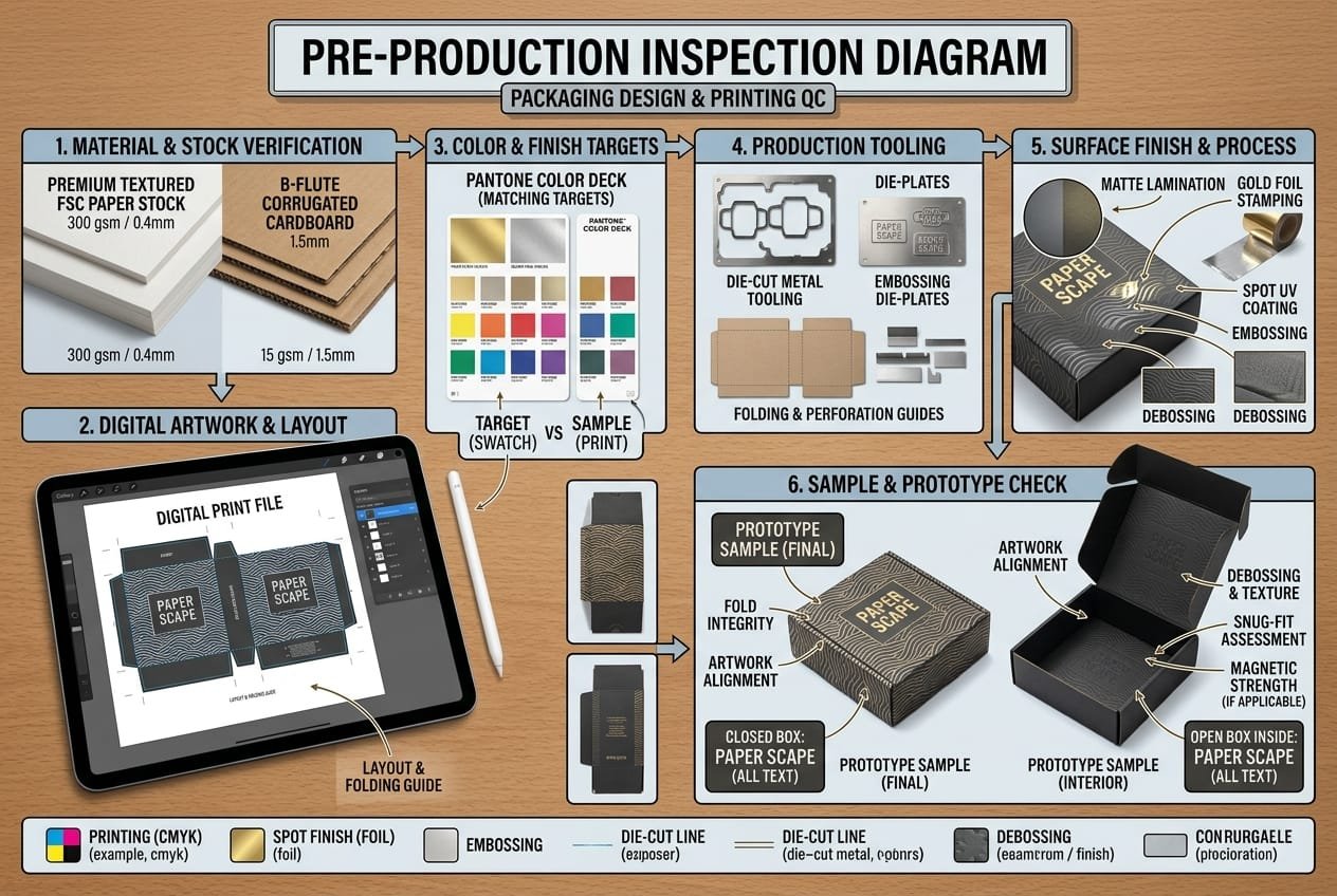 Pre-production check of paper packaging materials, artwork and finishing