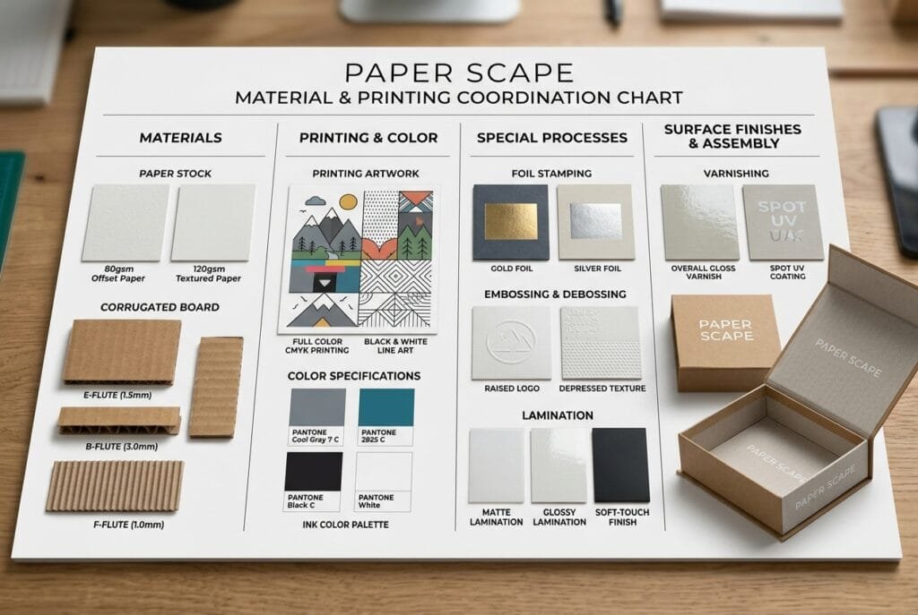 Coordination of packaging materials, printing and finishing for factory production