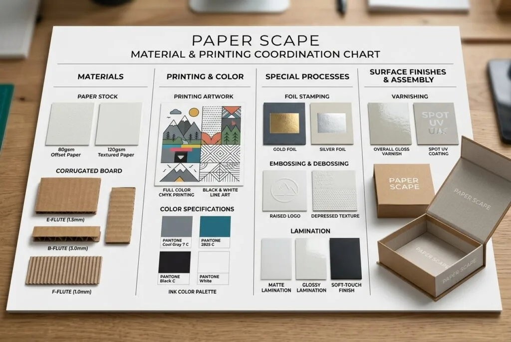 Coordination of packaging materials, printing and finishing for factory production