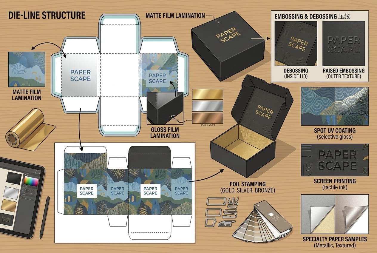 Paper packaging finishing options including foil stamping, embossing and coating