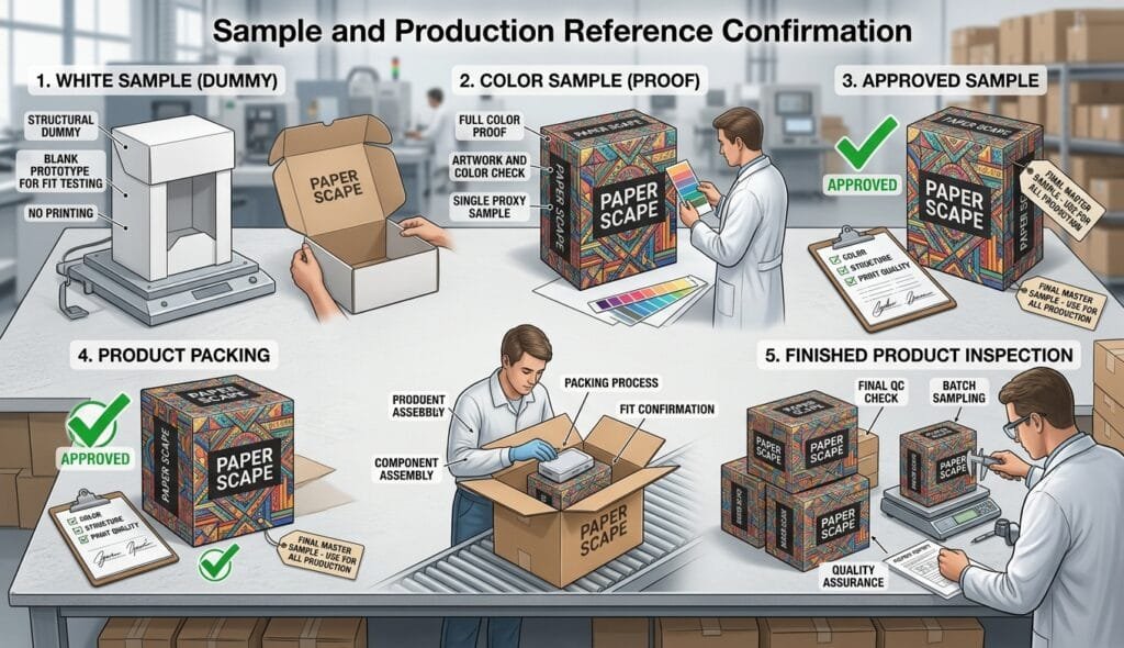 Review of packaging prototypes and approved references before production