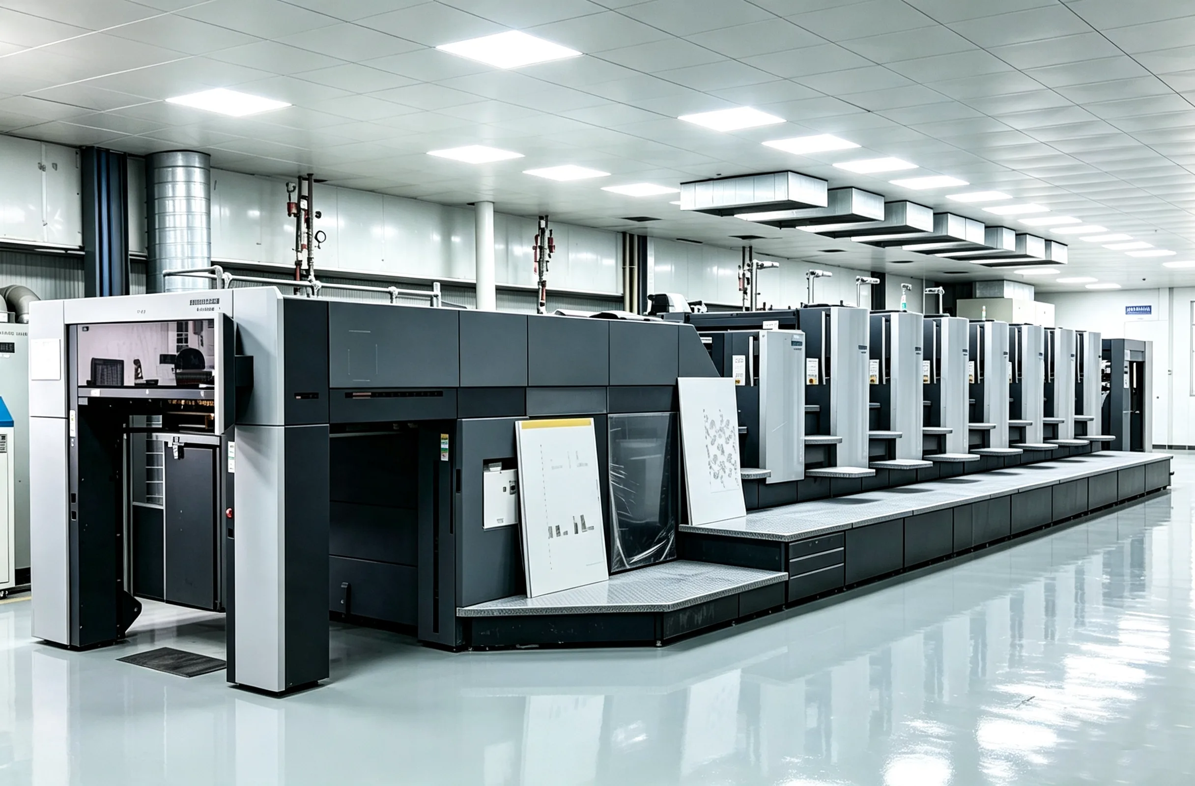 Heidelberg 8-color printing press in a modern packaging printing factory