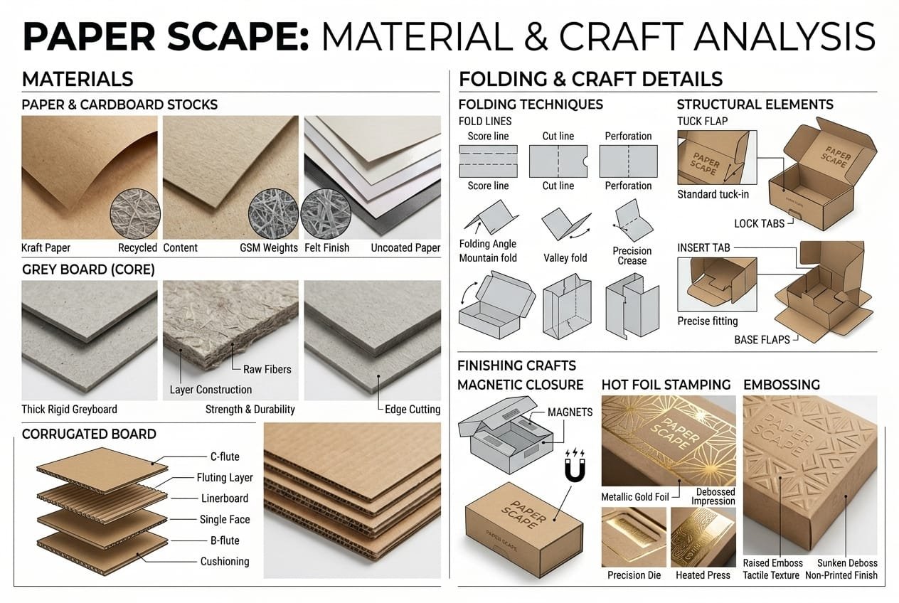 Paper packaging materials, folding structures and finishing options