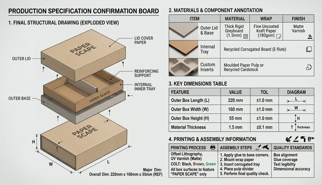 Final packaging production specification with dimensions, materials and finishing details