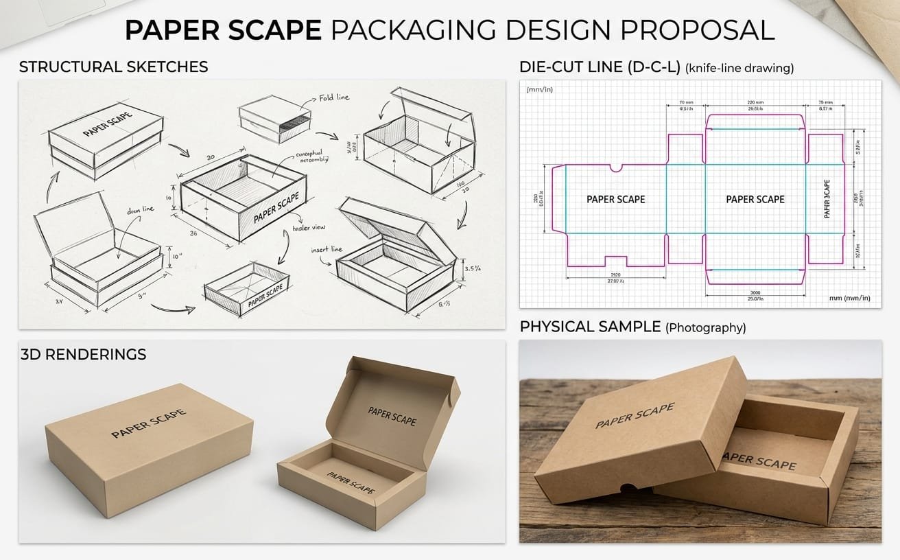 Packaging design concept board with dieline, 3D rendering and box prototype