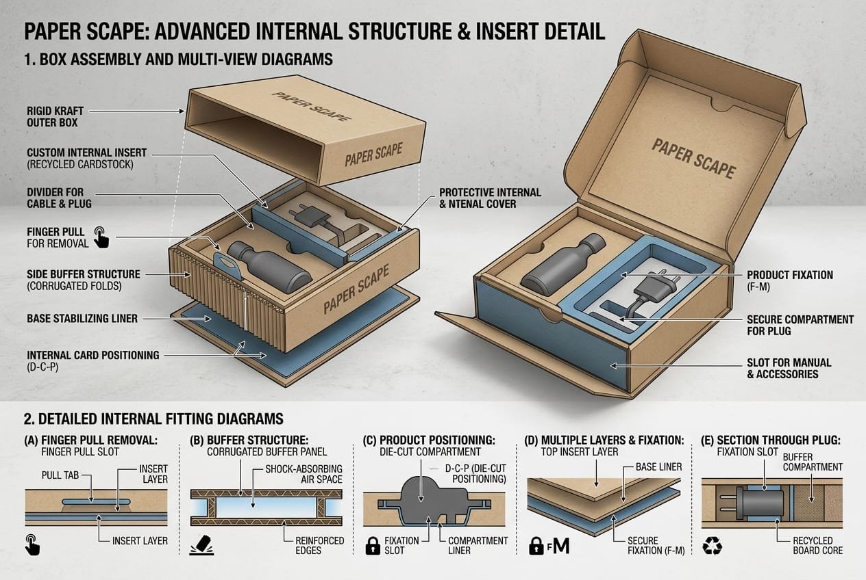 Custom packaging insert and internal fit structure for product protection