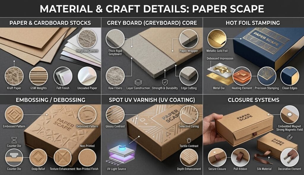Paper packaging materials and finishing options including foil stamping and embossing