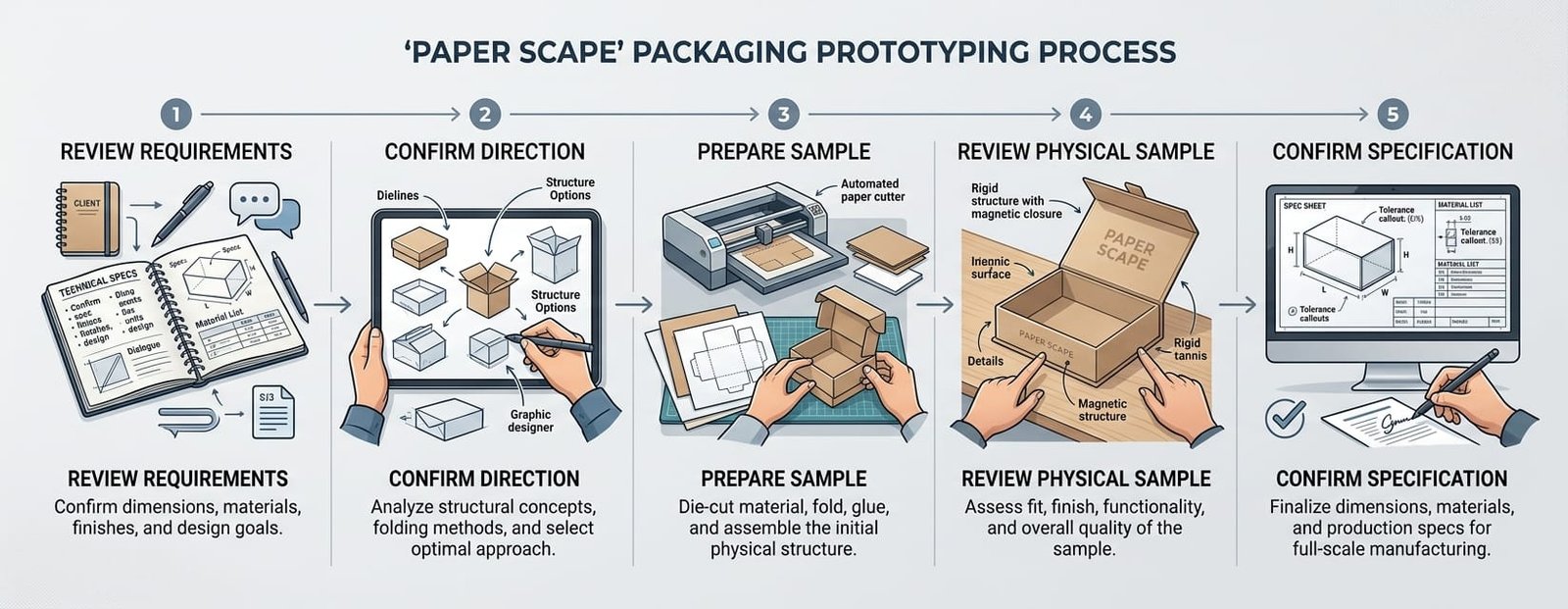 Custom packaging prototype sampling process from requirements review to final specification