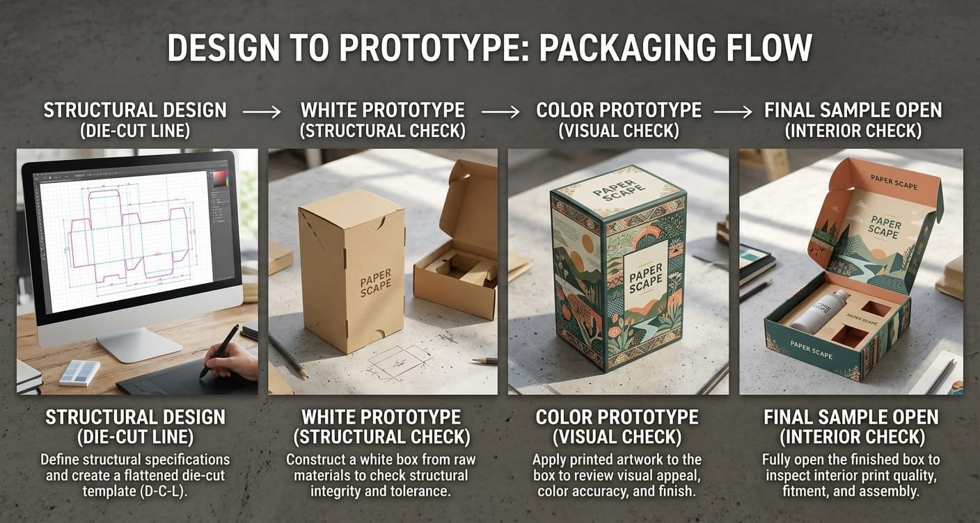 Structural packaging prototype review from dieline to printed sample