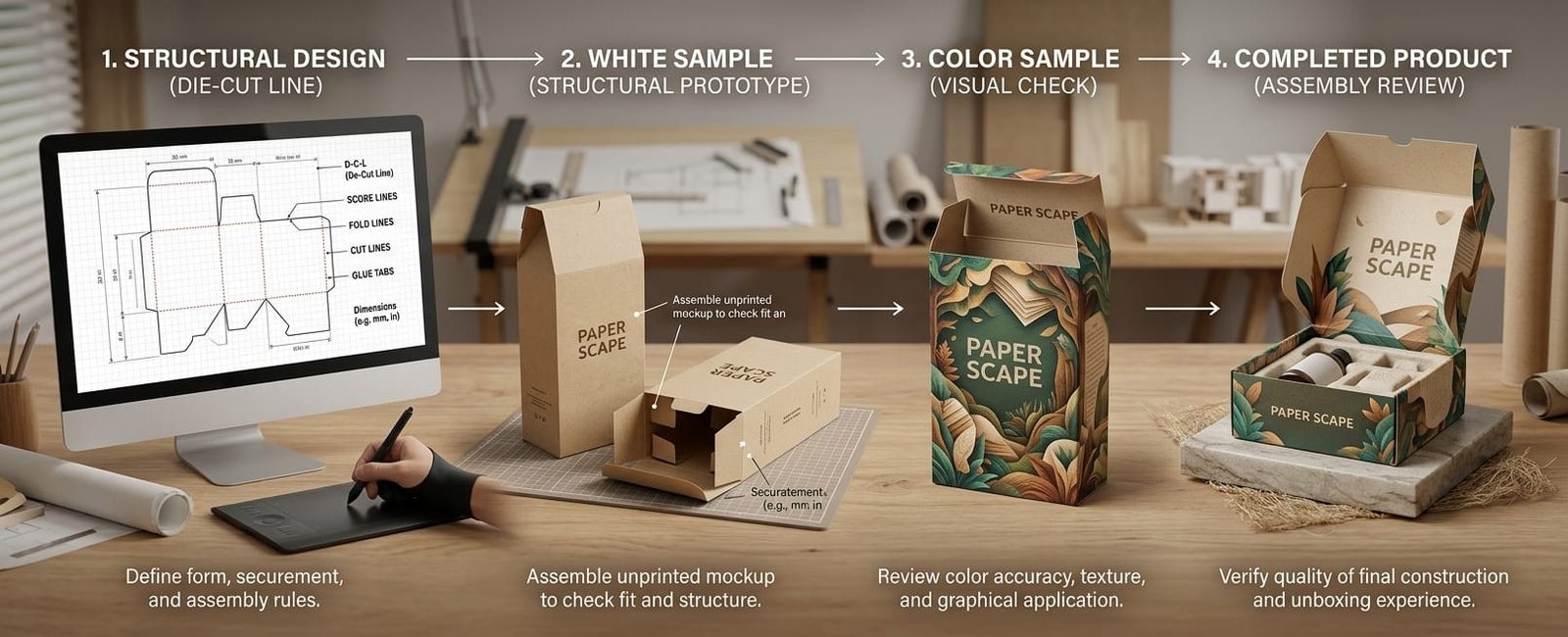 Prototype sampling for custom paper packaging from design to physical sample