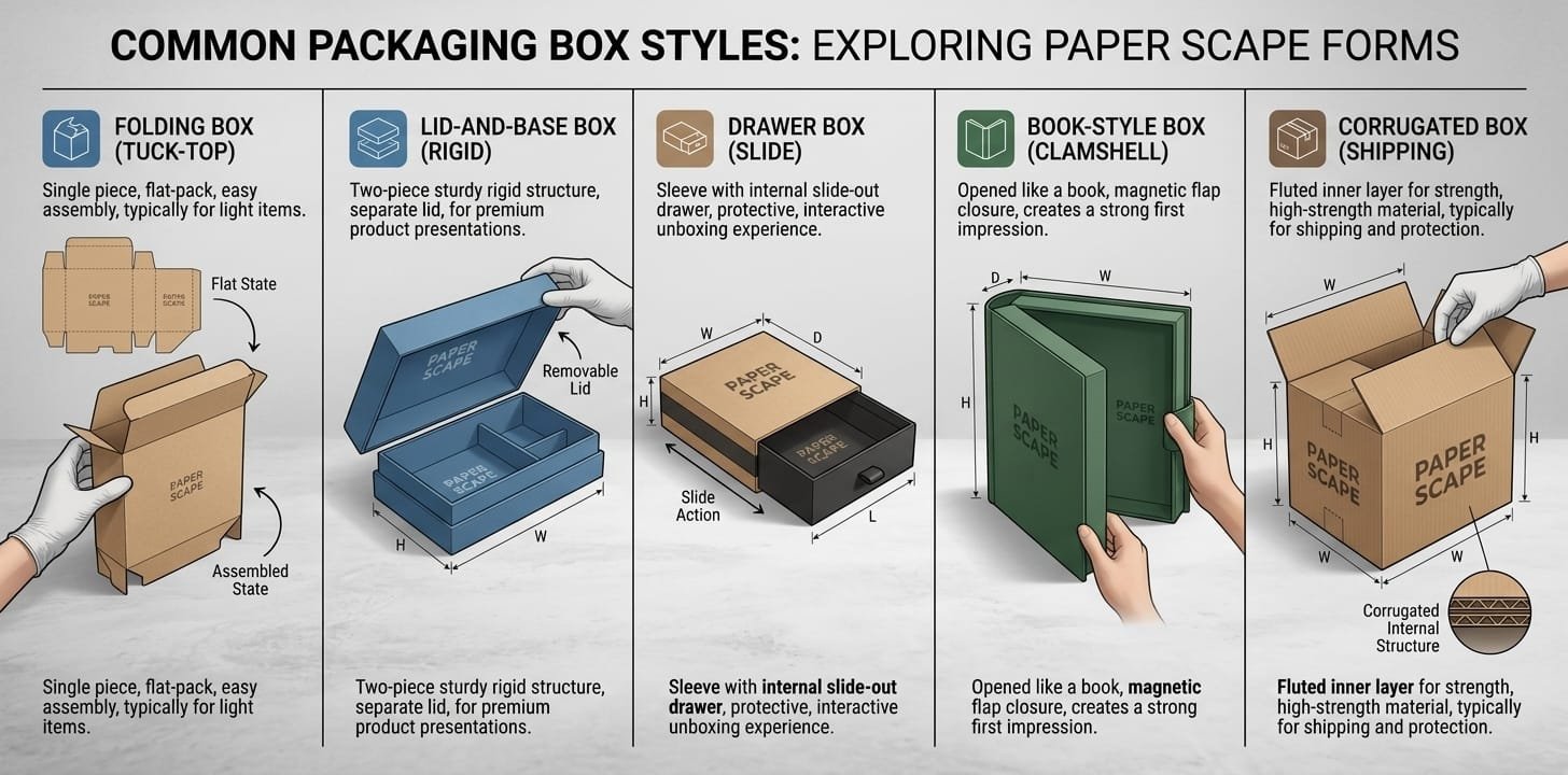 Comparison of folding, lid-and-base, drawer, book-style and corrugated box structures