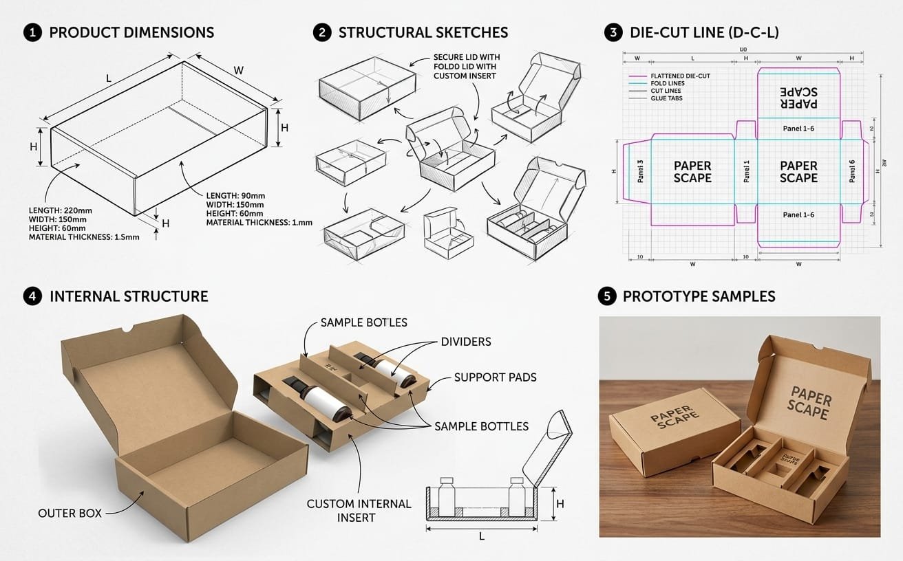 Structural packaging design deliverables including dimensions, dieline and prototype sample