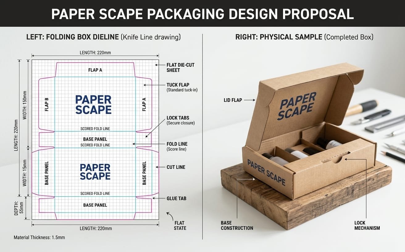 Custom paper packaging prototype sample compared with structural design drawing