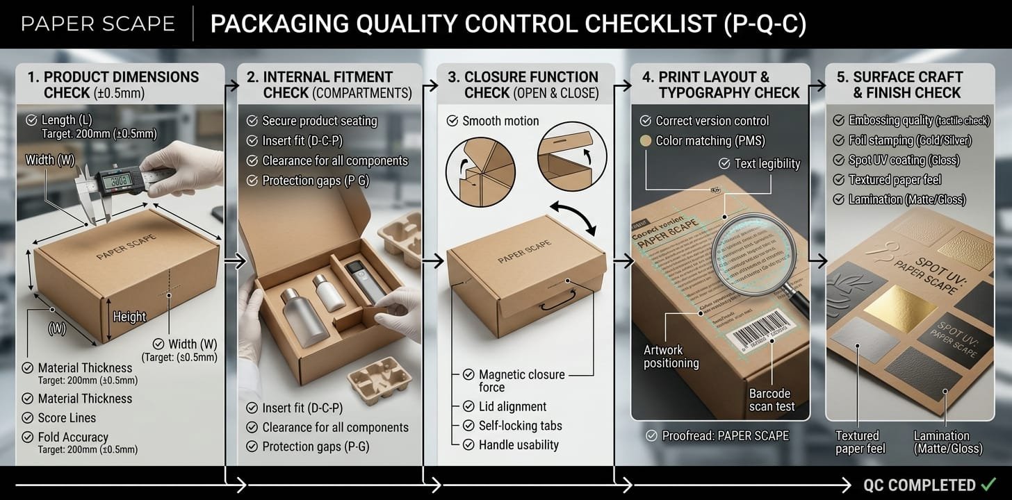 Packaging prototype checks for product fit, opening, artwork and finishing