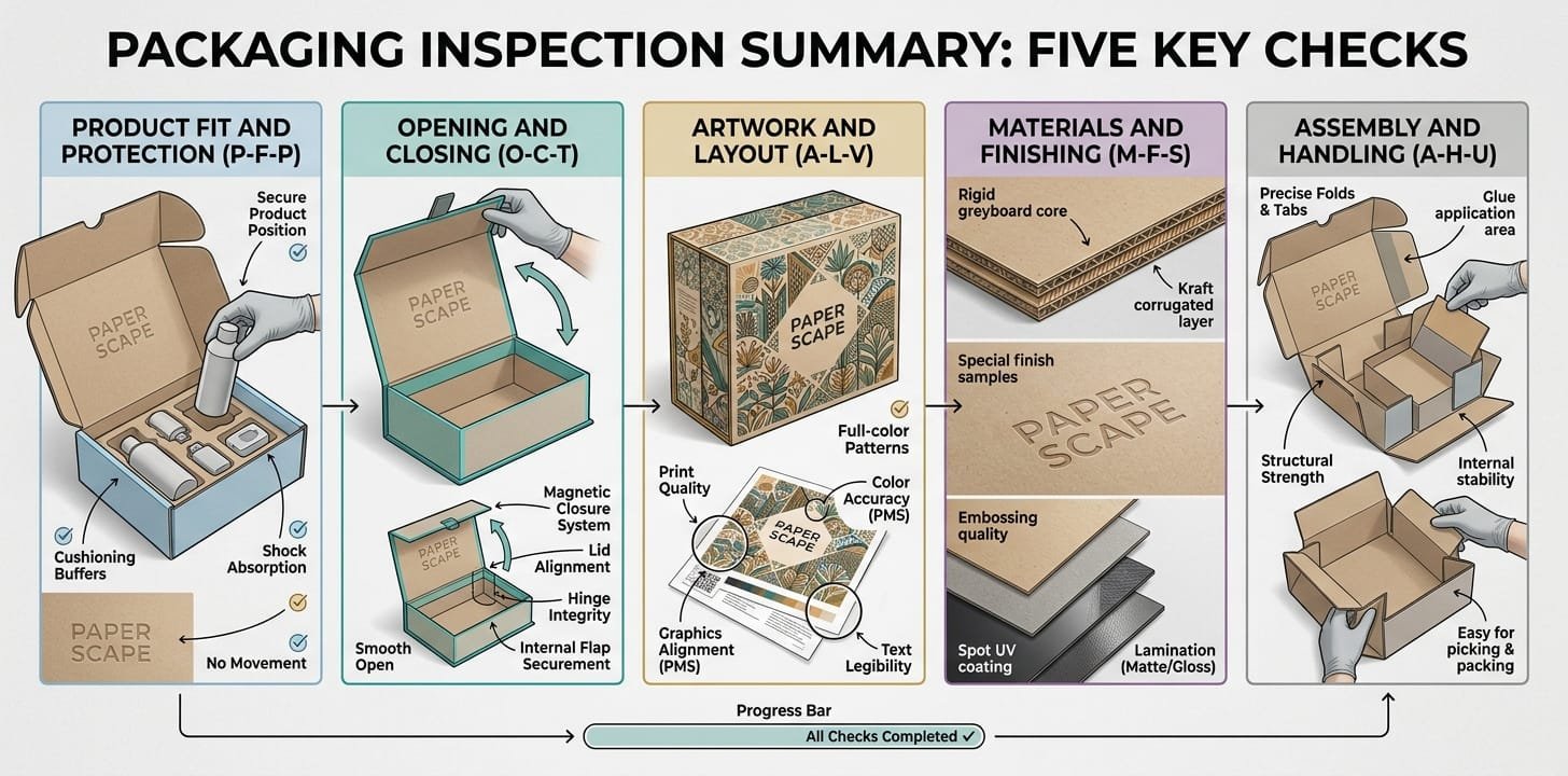 Packaging prototype review covering product fit, opening, artwork, materials and assembly
